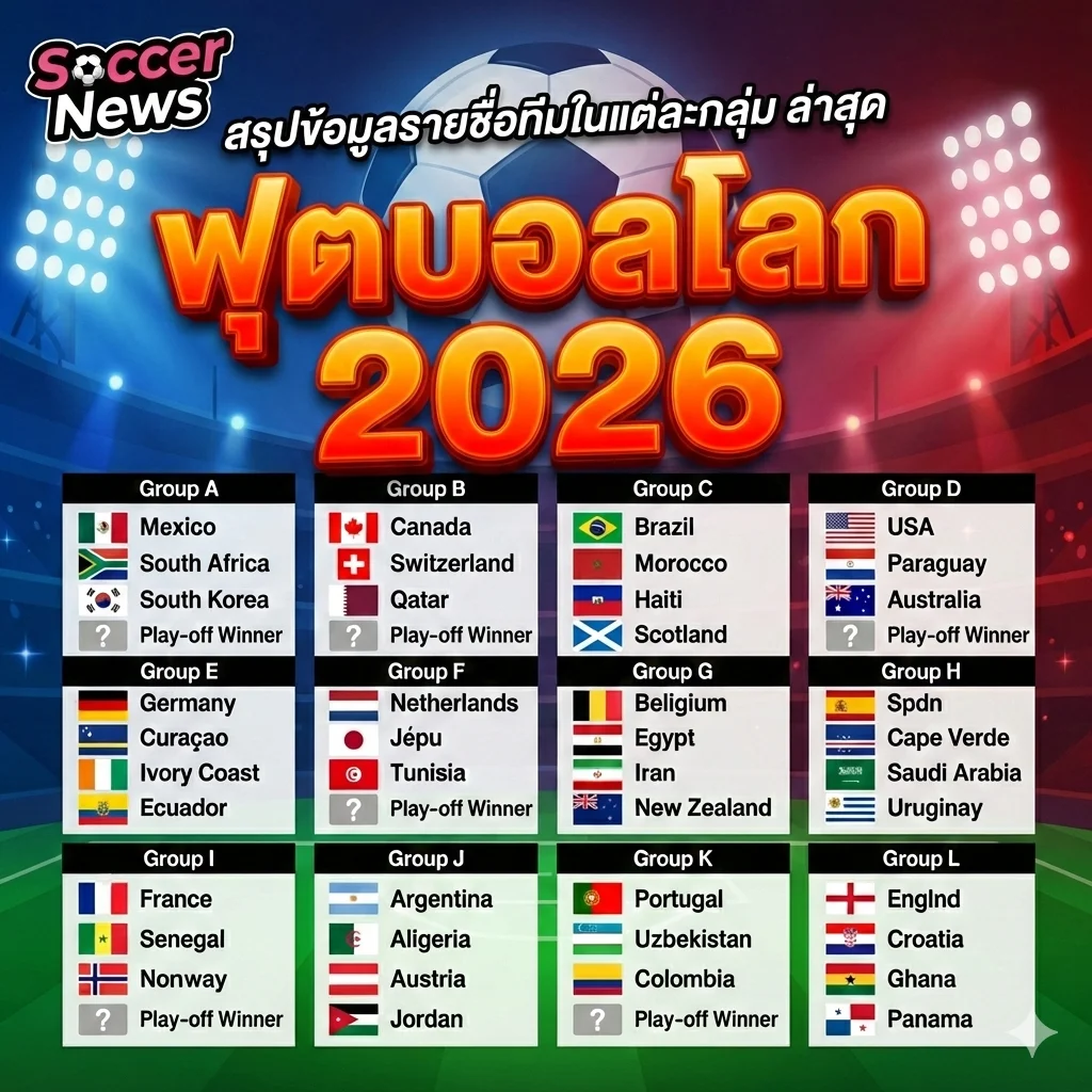 สรุปข้อมูลรายชื่อทีมในแต่ละกลุ่มฟุตบอลโลก 2026 ล่าสุด